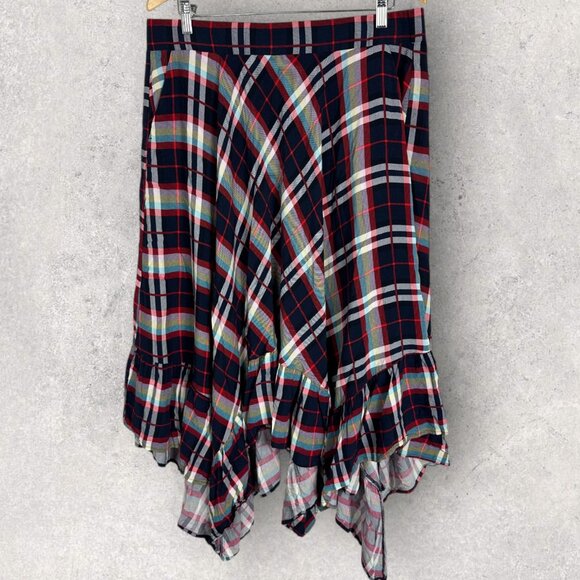 Torrid Plaid Maxi Skirt Womens Size 1X Hanky Hem Challis Blue Red Elastic Waist‎ - Picture 6 of 14